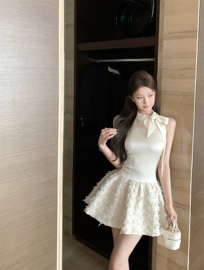 French Apricot Halter Neck A-Line Satin Short Dress RF0998