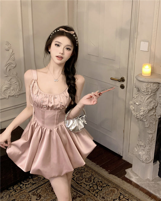 Süßes rosa A-Linien-Träger-Satin-Kurzes Freizeitkleid RF0999