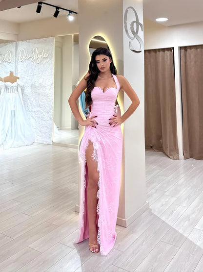 Beautiful Pink Sweetheart Halter Sleeveless Lace Prom Dress Mermaid With Side Split Graduation Dress B551