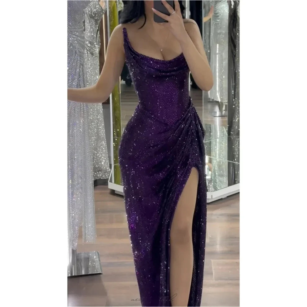 Amazing Mermaid Strapless Grape Sequin Slit Long Prom Dresses Inspiration Party Dress Prom Gown RB2140