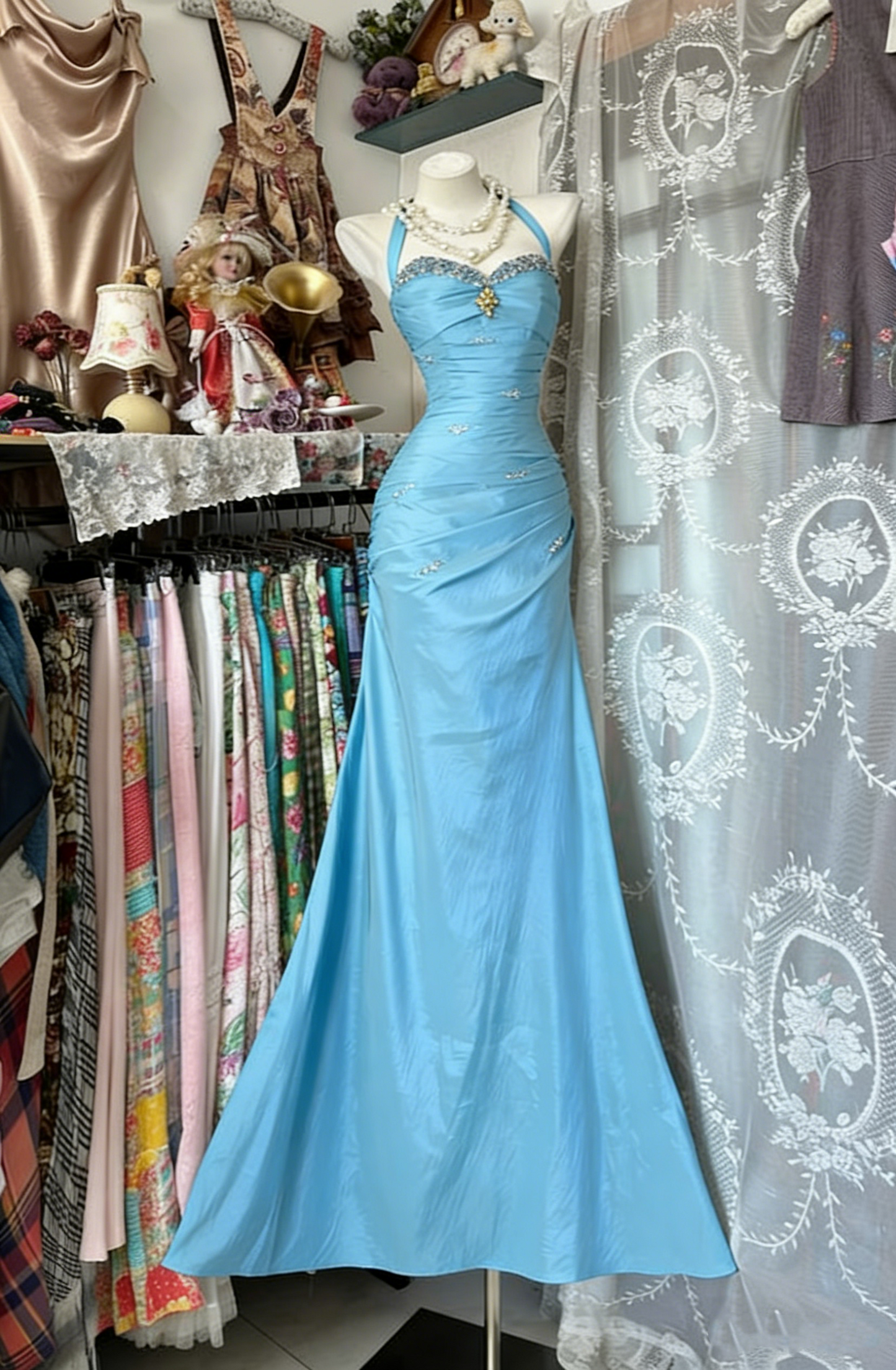 Robe de bal longue fourreau dos nu vintage, robe de soirée bleue en satin perlé, robe d'anniversaire sans manches N1781
