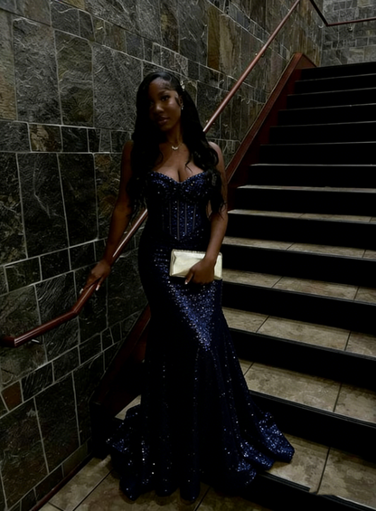 Elegantes, langes Meerjungfrauen-Abendkleid mit goldenen Pailletten und herzförmigem Ausschnitt, formelles Partykleid für Damen AB1528