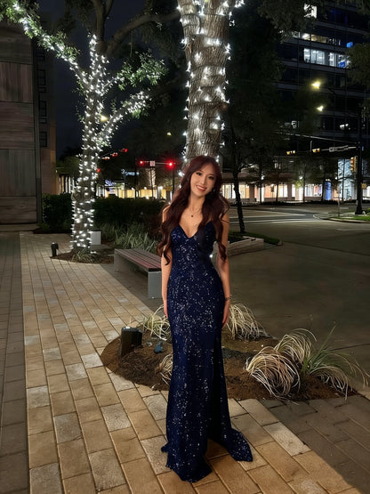 Elegantes, langes, burgunderrotes Meerjungfrauenkleid mit V-Ausschnitt und Pailletten, formelles Abendkleid, elegantes Partykleid AB2053