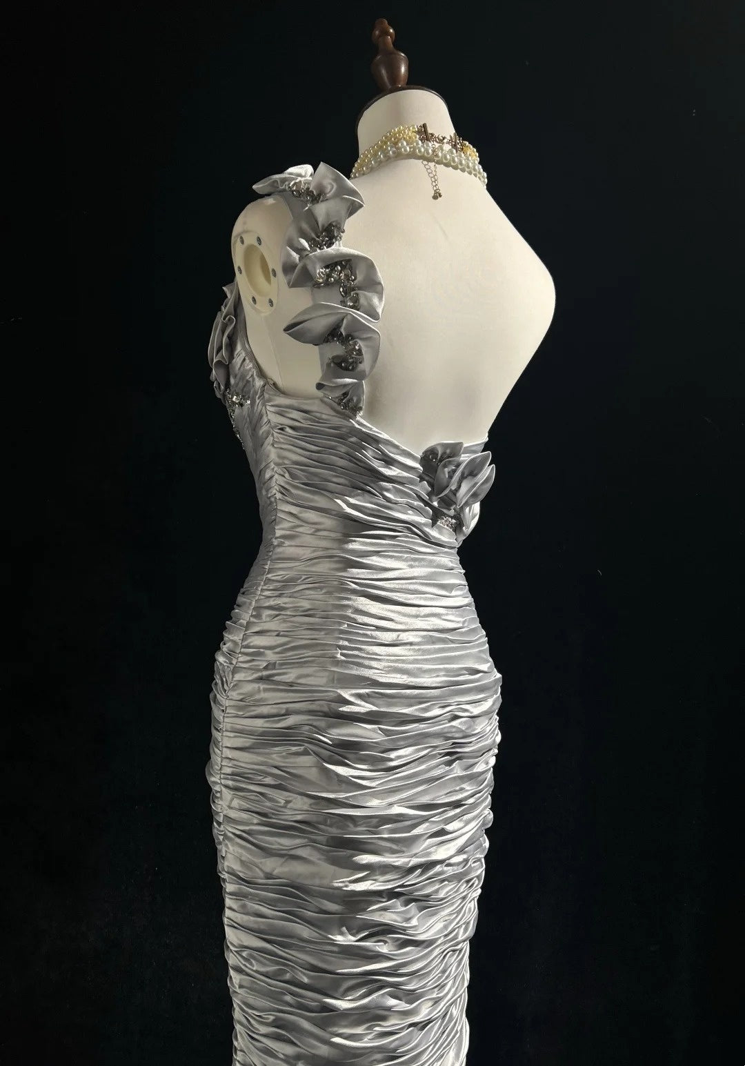 Timeless Prom Dresses Mermaid One Shoulder Silver Satin With Flowers Beading Long Evening Outfits N3200