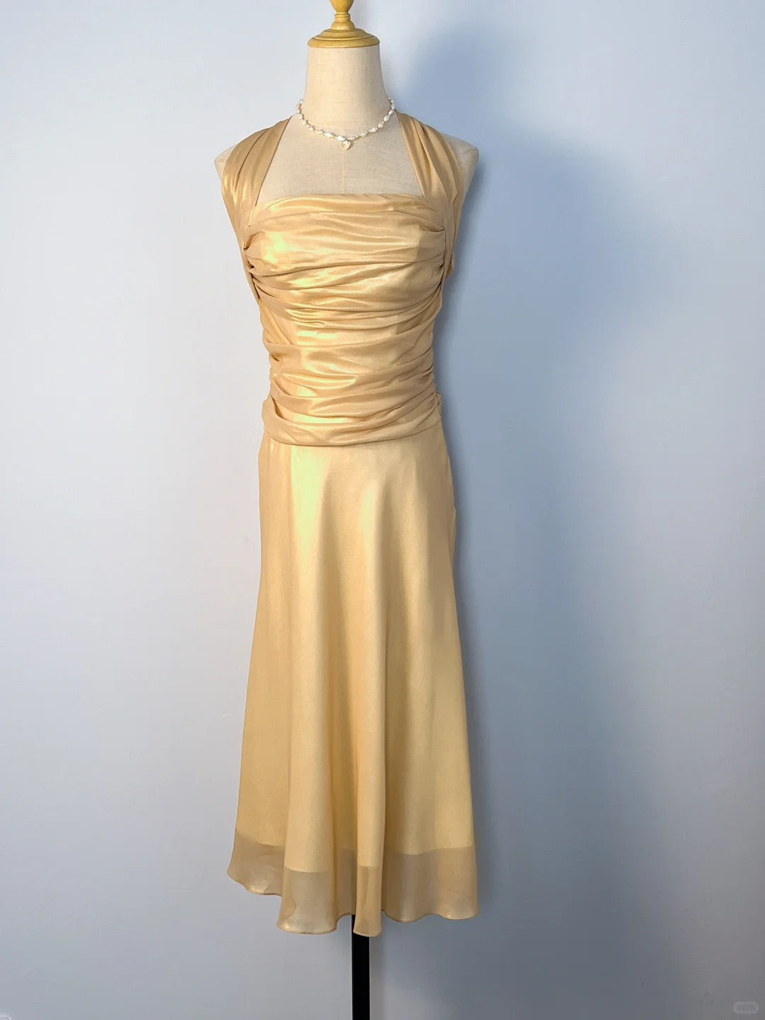 Vintage A-Linie Neckholder Gelbes knielanges Chiffon Ballkleid Festliche Outfits RB3893