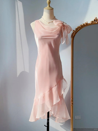 Vintage Abschlussballkleider 90er Meerjungfrau Wasserfallausschnitt Rosa mit Rüschen Ärmellos Knielang Formelle Outfits RB4255