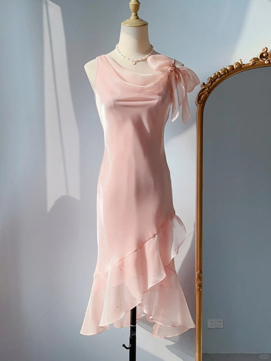 Vintage Prom Dresses 90s Mermaid Cowl Neck Pink With Ruffles Sleeveless Knee Length Formal Outfits RB4255