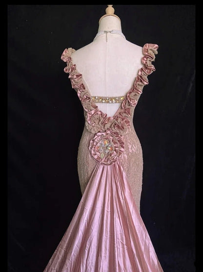Robes de bal vintage, inspiration sirène, décolleté en V, dentelle rose années 90 avec volants, robes de soirée formelles N3316