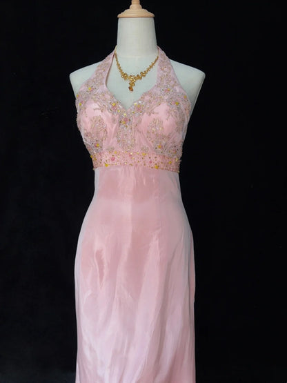 Timeless Prom Dresses A line Halter Pink Chiffon With Beading Long Evening Outfits N3205