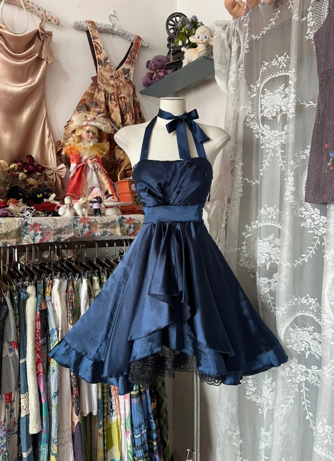 Simple Ball Gown Halter Navy Blue Satin Short Graduation Birthday Gown Homecoming Dresses N3716