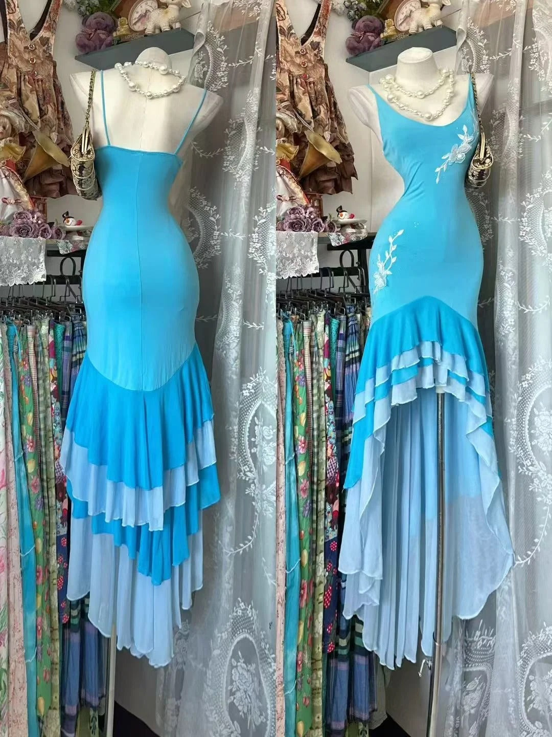 Robe de bal vintage sirène à fines bretelles bleues asymétriques, inspiration robe de soirée formelle N1976