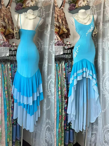 Robe de bal vintage sirène à fines bretelles bleues asymétriques, inspiration robe de soirée formelle N1976