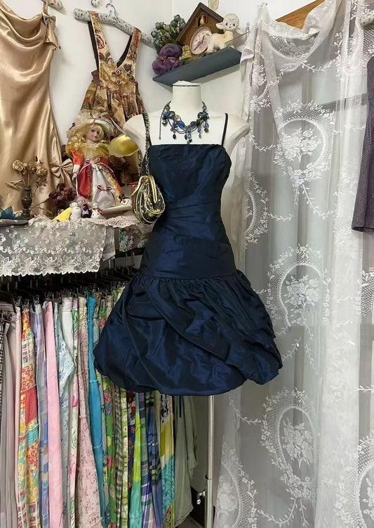 Vintage Meerjungfrau Spaghettiträger Navy Blau Satin Kurzes Abschlussballkleid Geburtstagskleid Homecoming Kleider N3719