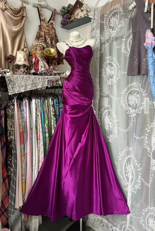 Modest Mermaid One Shoulder Grape 80s Satin Sleeveless Party Gowns Prom Dresses N1968