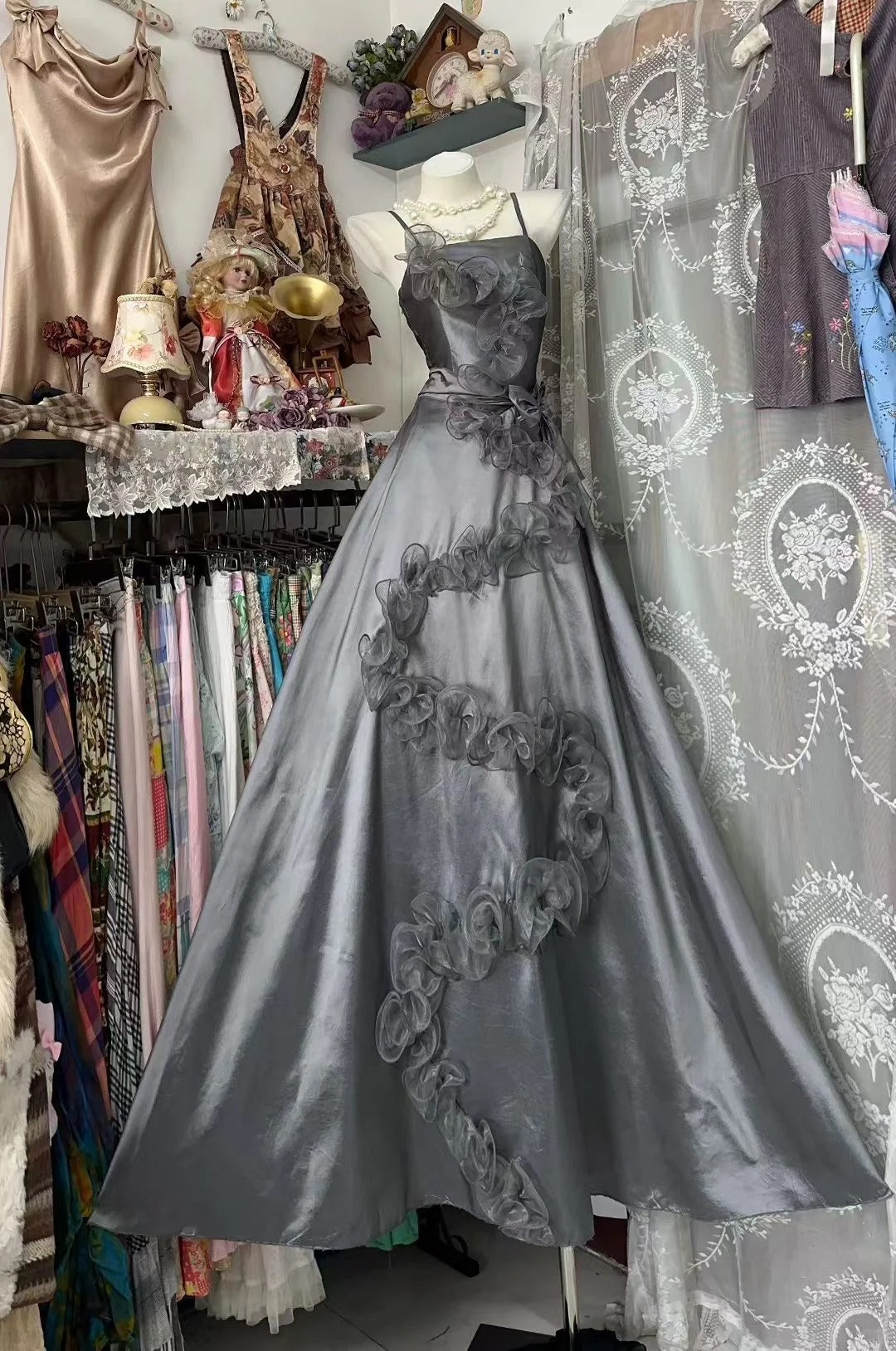 Robe de bal vintage à fines bretelles, grise, sans manches, années 80, robe de soirée longue N1936