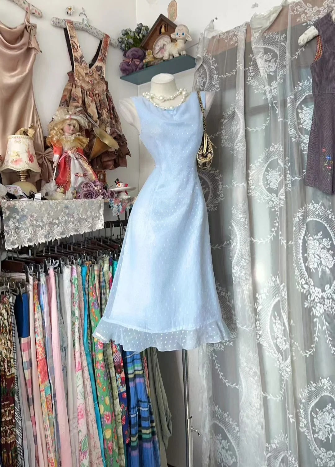 Robes de bal de fin d'année et de retour à la maison N3709 à pois bleu ciel, coupe trapèze mignonne