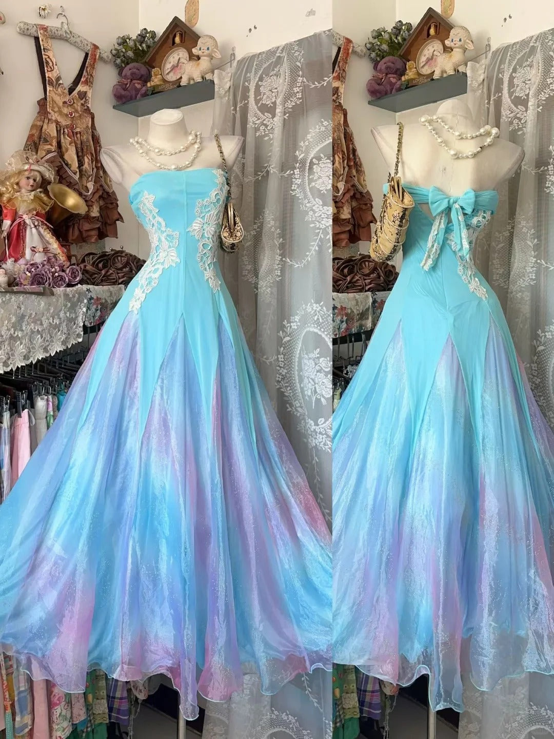 Vintage Prom Dresses Mermaid Strapless Blue Lace 2000s Retro Party Evening Formal Outfits RC1109