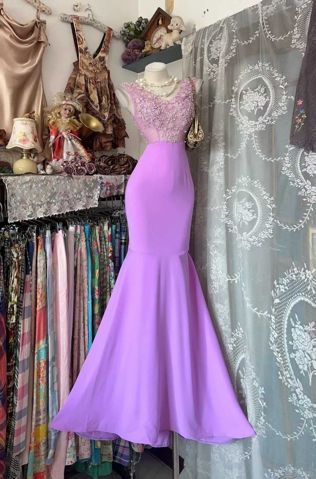 Prom Dress Mermaid V Neck Lilac Satin Floor Length High School Graduation Party Dresses RC1110