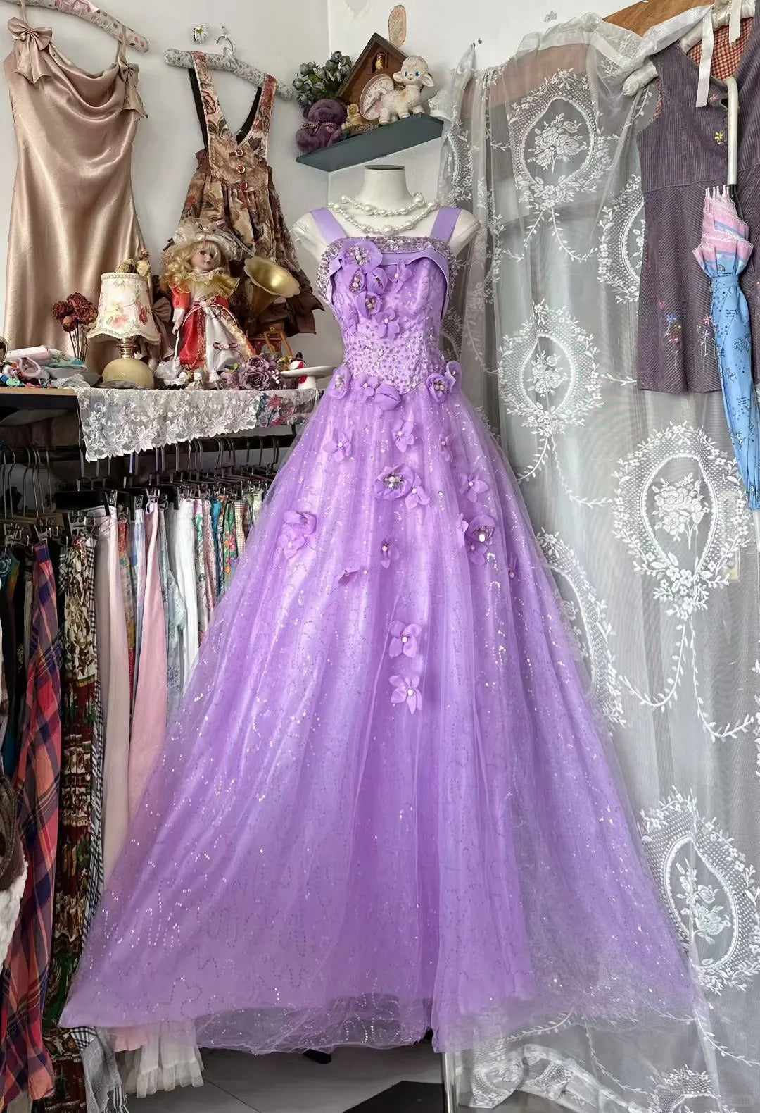 Robe de bal vintage à bretelles lilas sans manches en tulle, longue robe de soirée N1932