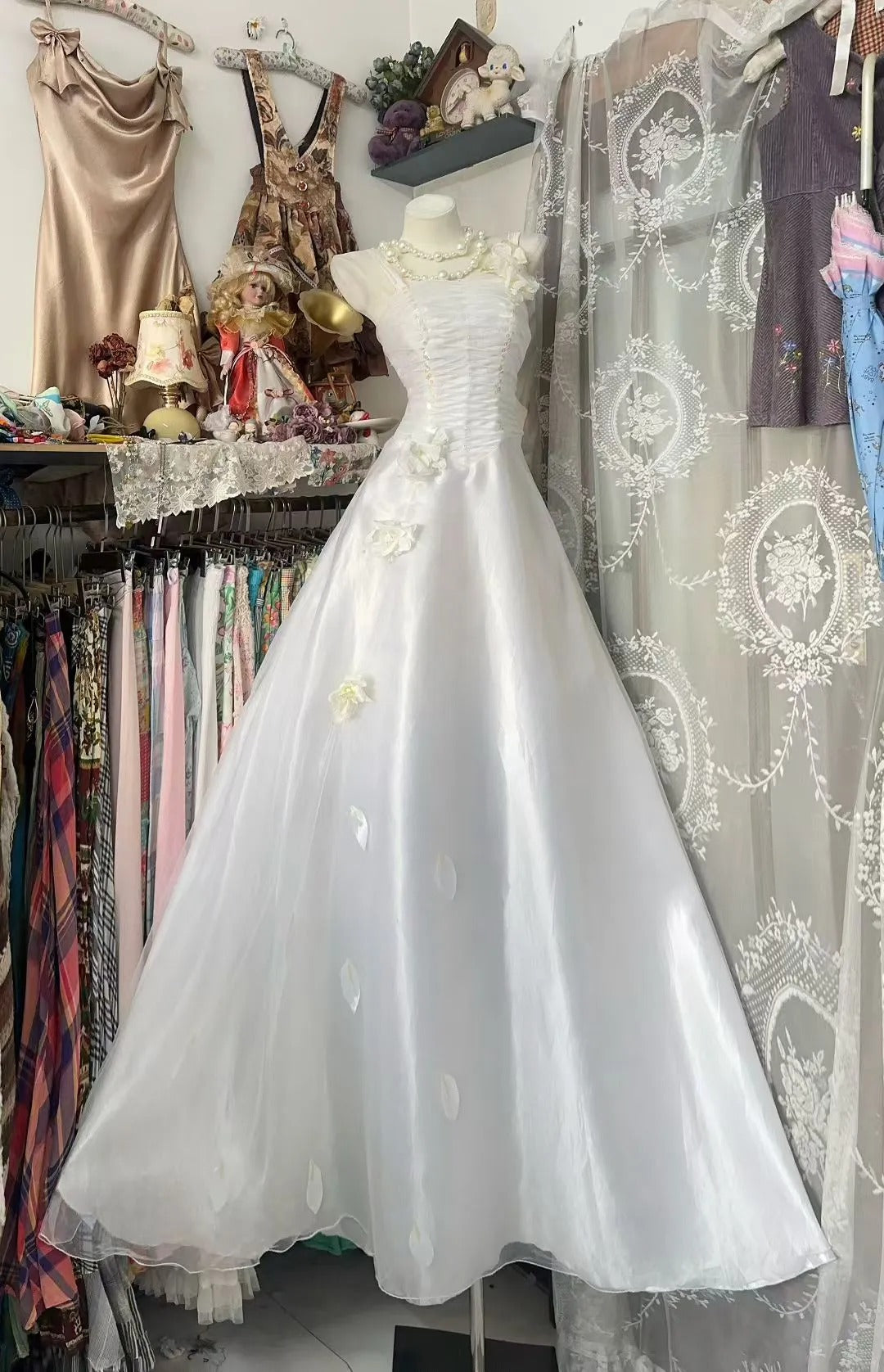 Robe de bal vintage blanche sans manches à fines bretelles en tulle, longue robe de soirée N1933