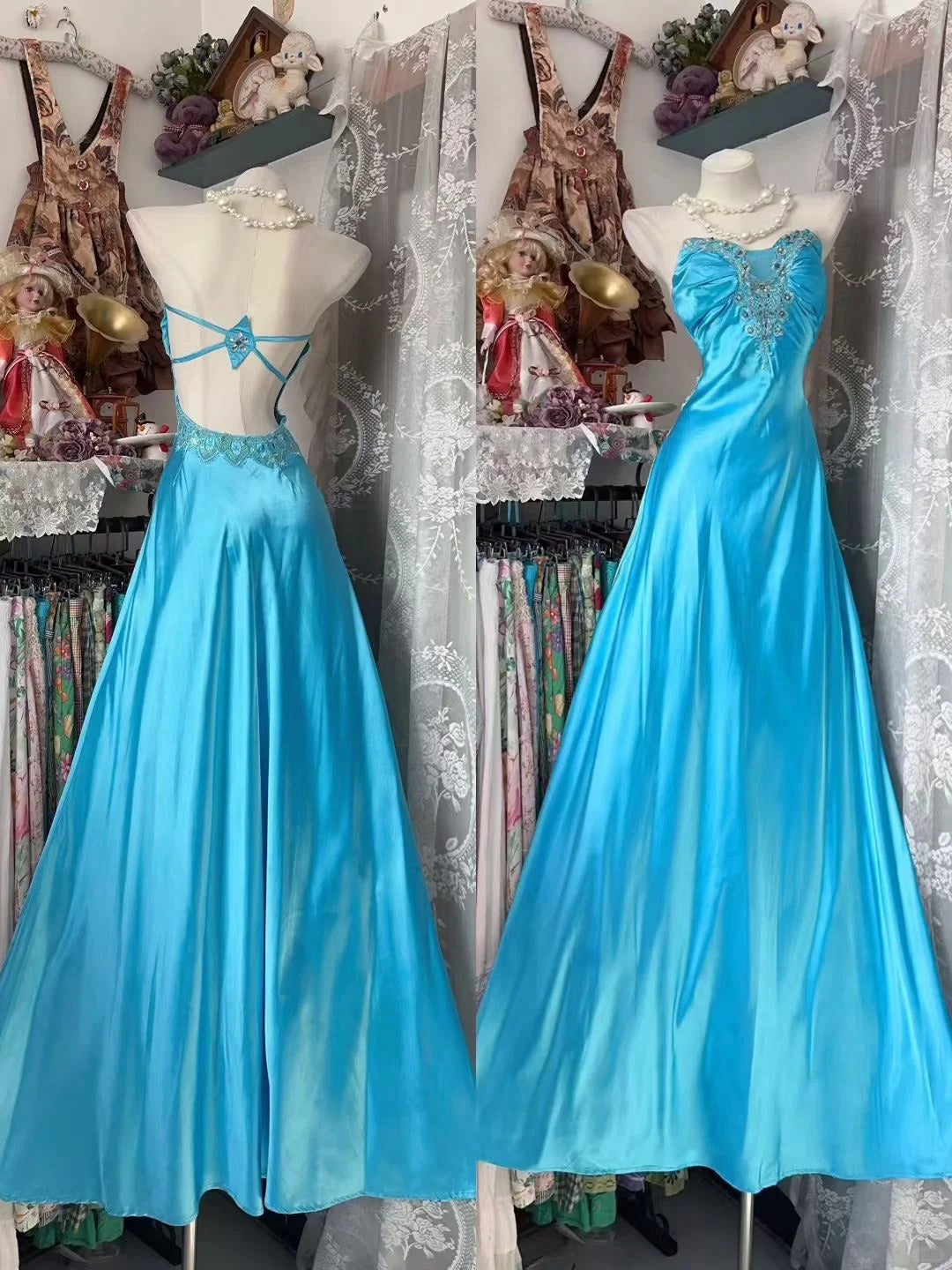 Robes de bal vintage esthétiques, coupe trapèze, décolleté cœur, dos nu bleu, inspiration robes de soirée formelles N1980