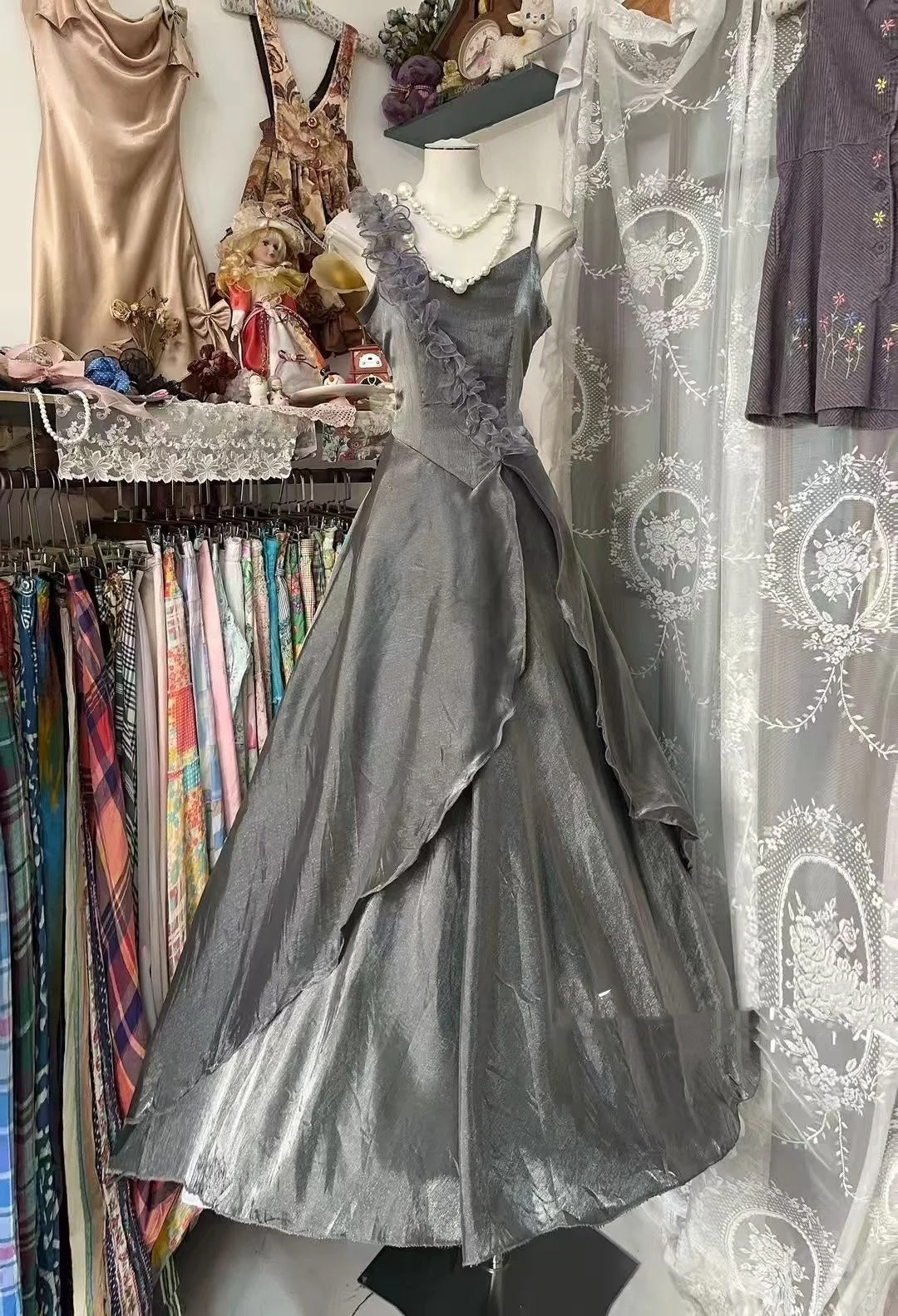 Robe de bal vintage, robe de soirée esthétique en tulle gris, inspiration robe de cérémonie N1991