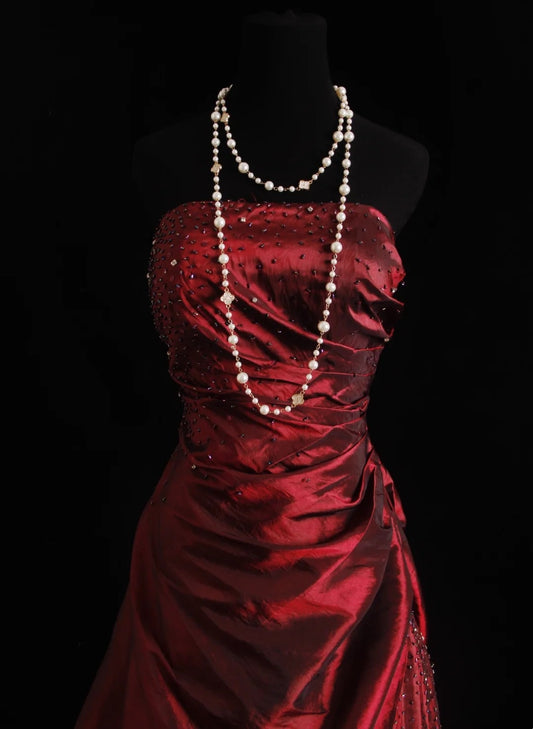 Prinzessin Abschlussballkleider Ballkleider Trägerlos Ärmellos Weinrot Burgund Abend Lange Formelles Kleid RB3258
