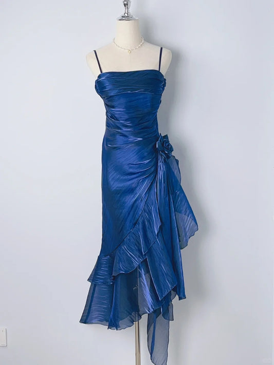 Vintage Sheath Spaghetti Strap Royal Blue Long With Ruffles Layers Prom Dresses Formal Outfits RB3900