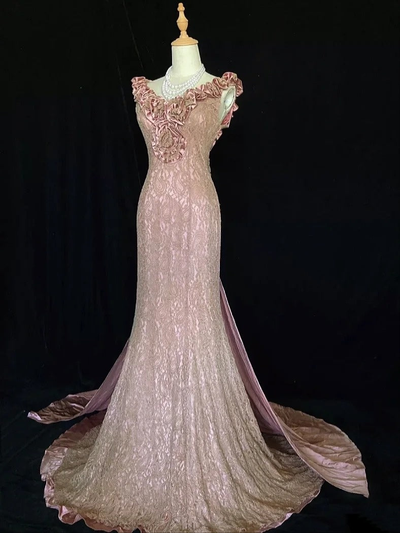 Robes de bal vintage, inspiration sirène, décolleté en V, dentelle rose années 90 avec volants, robes de soirée formelles N3316