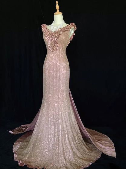 Robes de bal vintage, inspiration sirène, décolleté en V, dentelle rose années 90 avec volants, robes de soirée formelles N3316