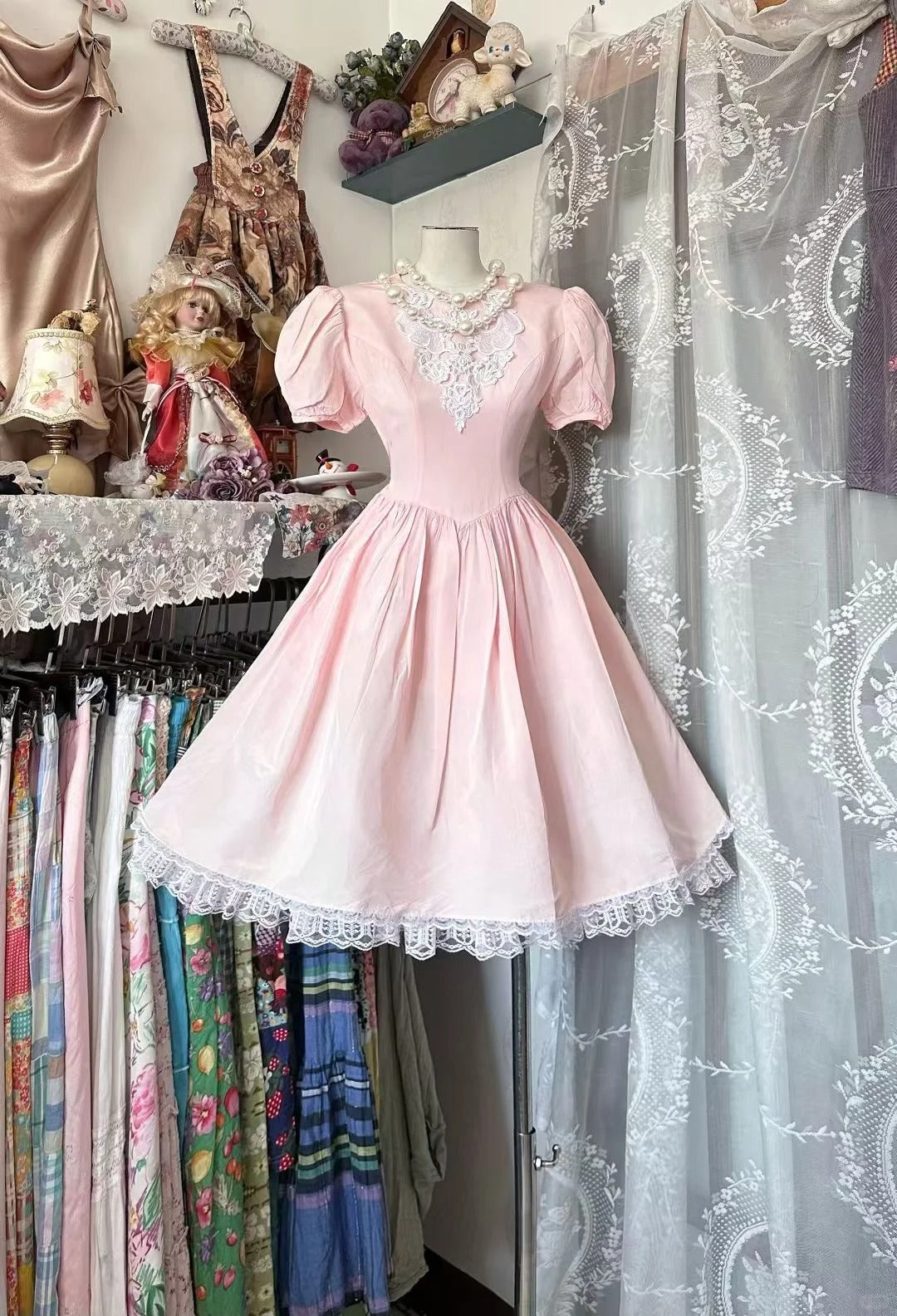 Robe de bal mignonne rose à manches courtes en dentelle blanche pour 16e anniversaire, tenues de rentrée N3594