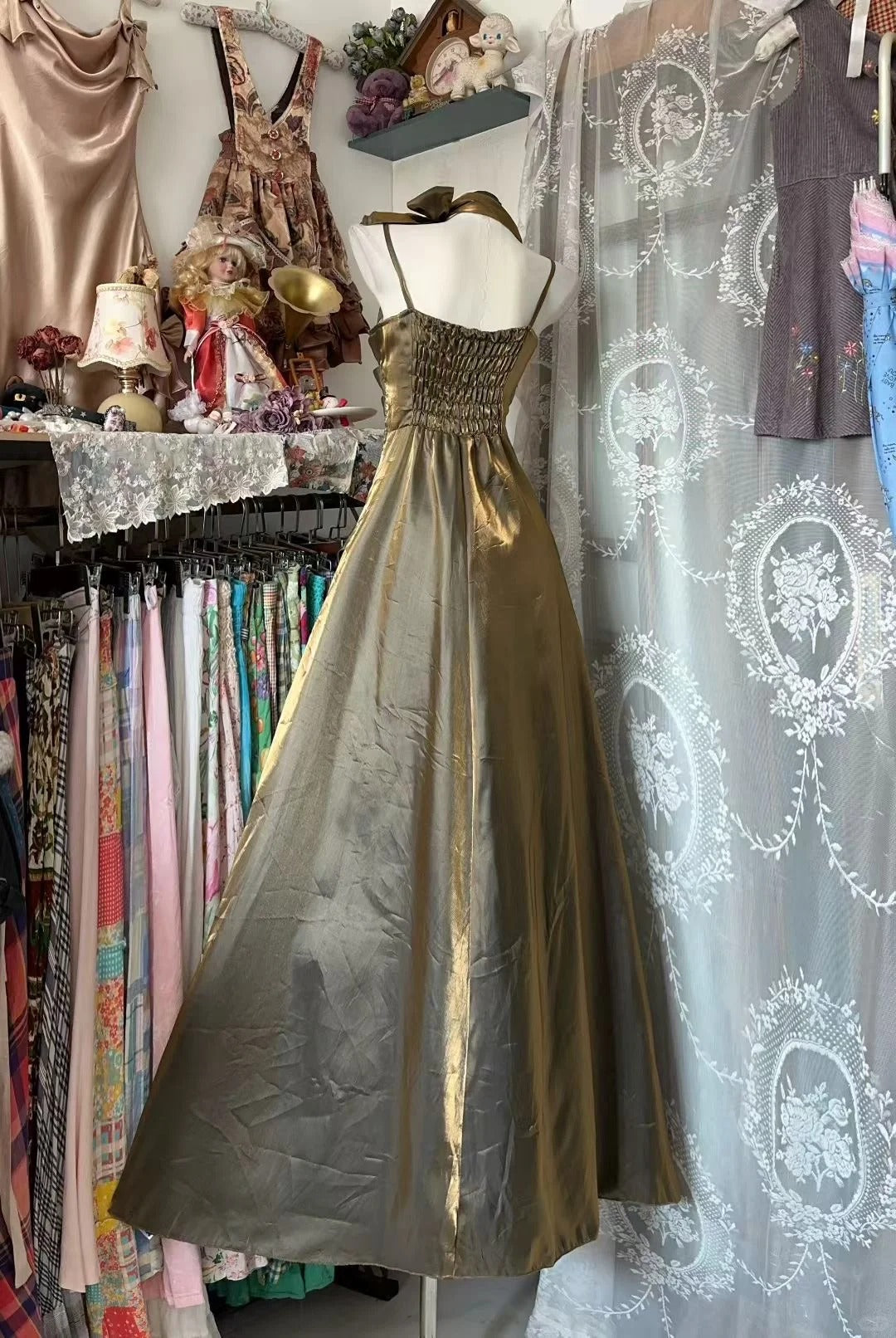 Robe de bal vintage à fines bretelles, années 80, sans manches, longue, N1935