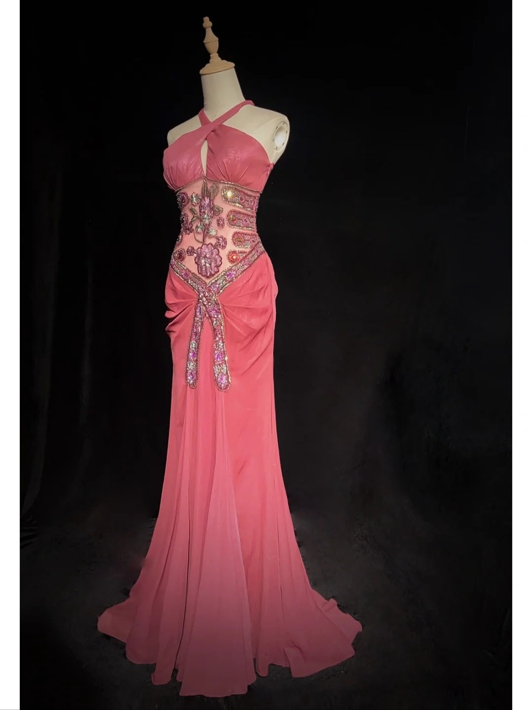 Trendy Prom Dresses Inspiration Mermaid Halter Pink Chiffon Gala With Beading Formal Gowns N3207