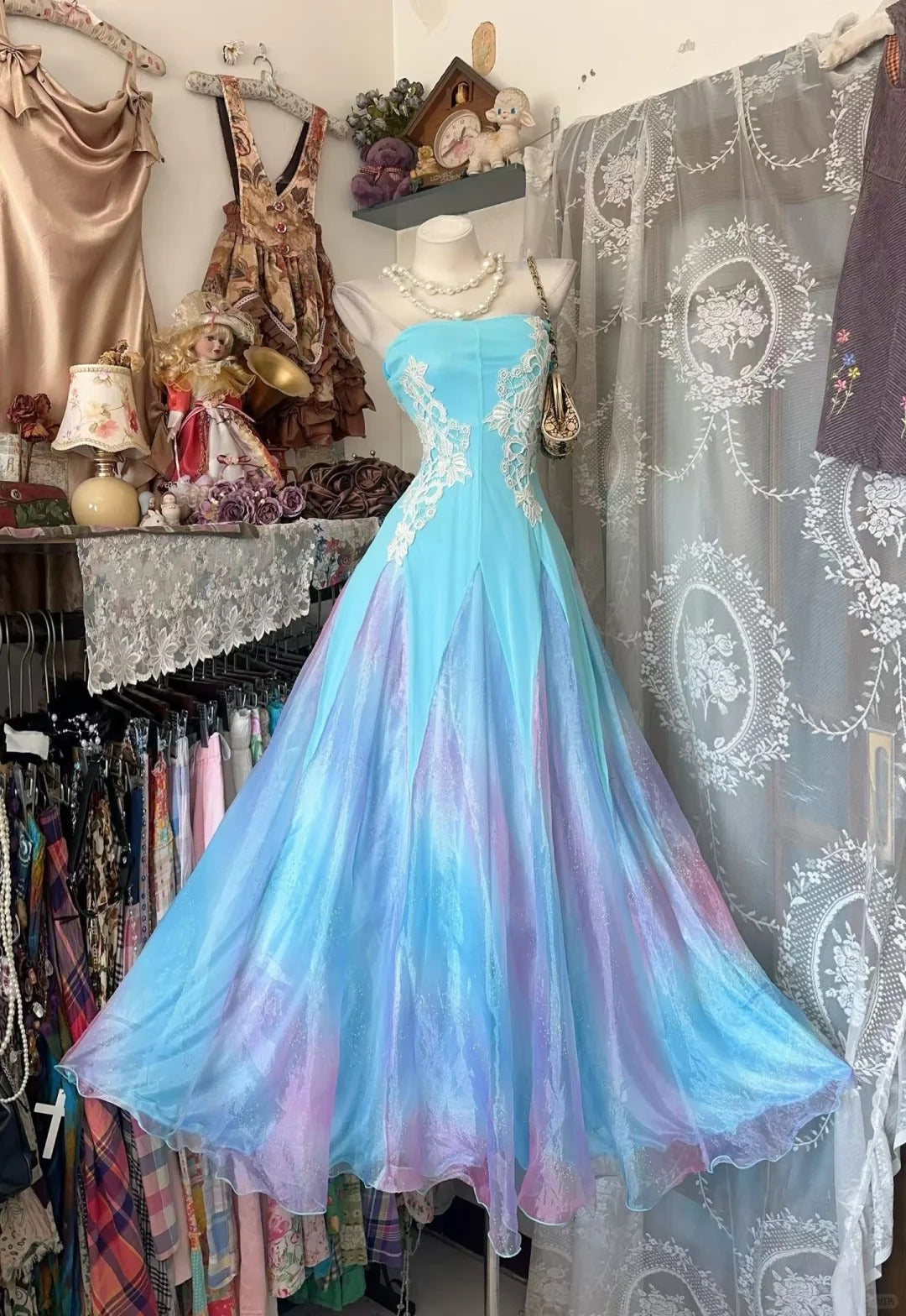 Vintage Prom Dresses Mermaid Strapless Blue Lace 2000s Retro Party Evening Formal Outfits RC1109