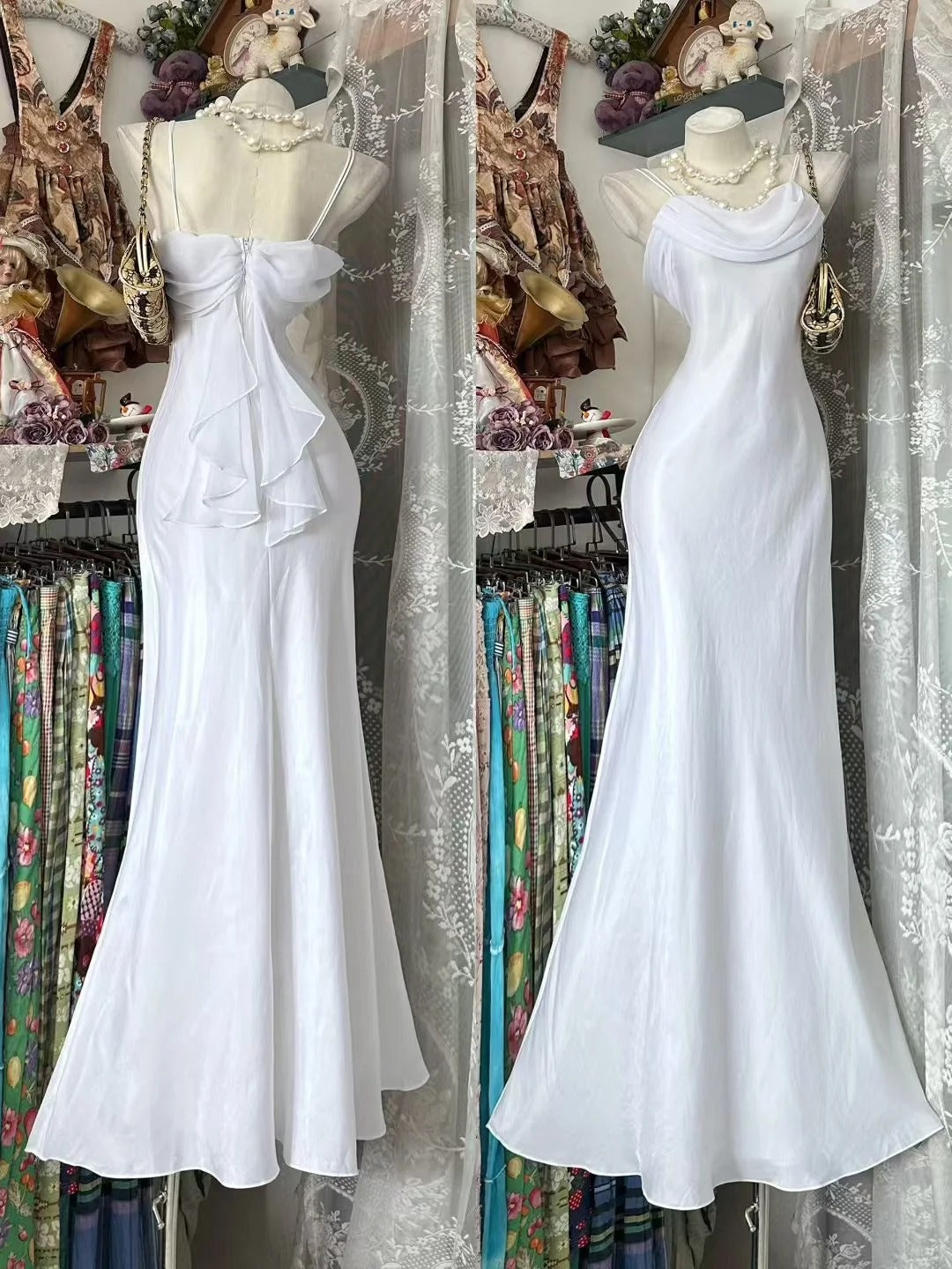 Robe de bal vintage sirène à fines bretelles en mousseline blanche, longue, inspiration robe de soirée formelle N1971