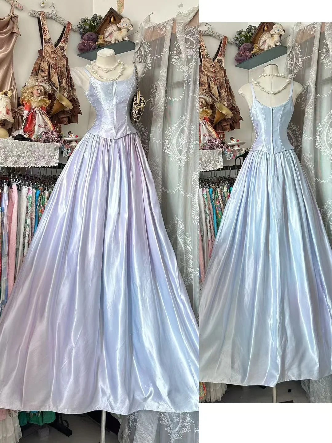 Vintage Prom Dresses Aesthetic Ball Gown Spaghetti Straps Satin Long Inspo Formal Party Gown N1966