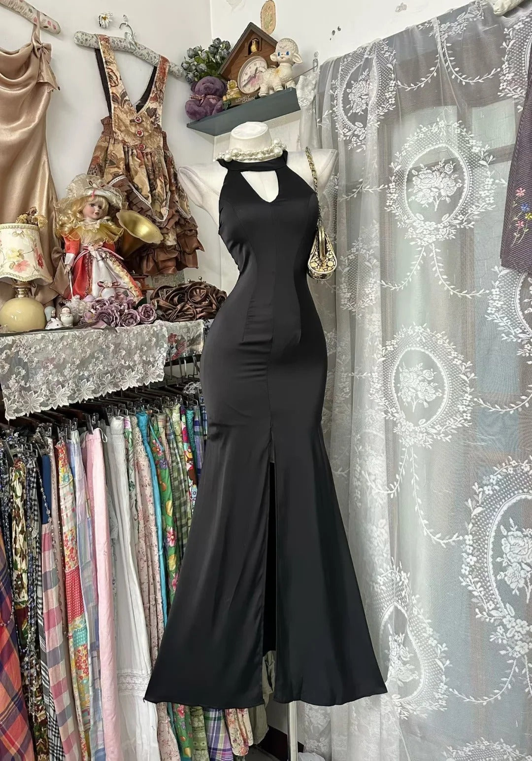 Vintage Prom Dresses Mermaid Halter Black Tie Dress 2000s Retro Party Evening Formal Outfits RC1114