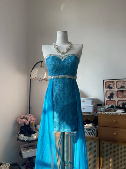 Vintage Sheath Sweetheart Blue Lace With Beading 16th Birthday Homecoming Dress Graduation Outfits RB6797