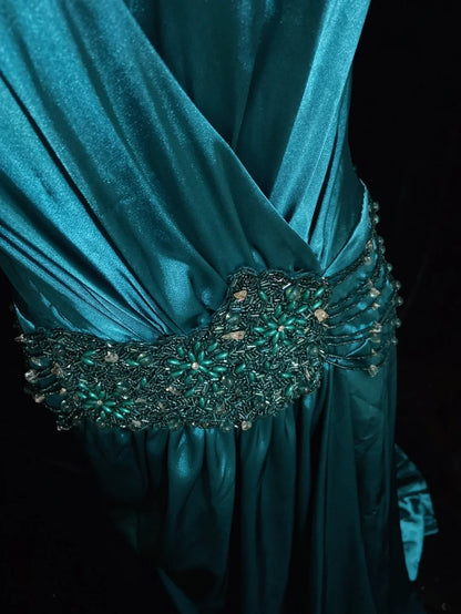 Vintage Prom Dresses Inspo A Line V Neck Blue Satin With Beading For Women Formal Dress N3211