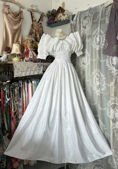 Vintage Prom Dresses A Line Off Shoulder White Short Sleeves Satin 2000s Long Party Evening Formal Gown RC1120
