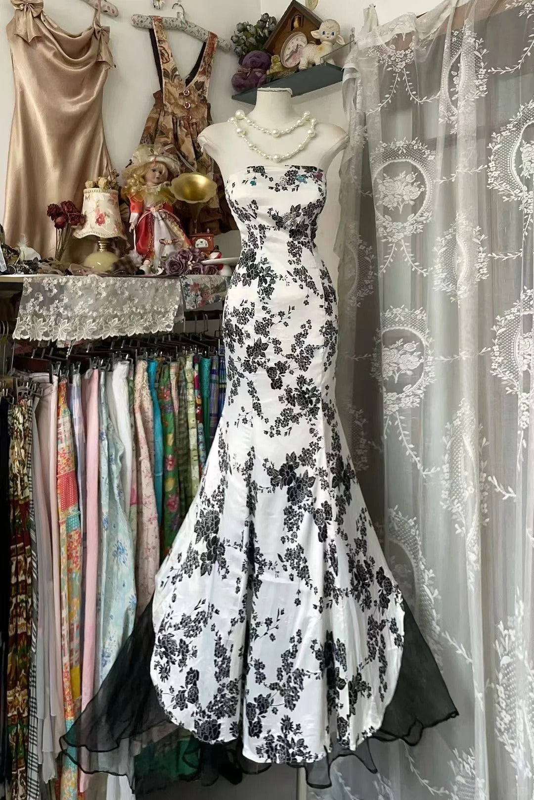 Vintage Prom Dresses Aesthetic Mermaid Strapless Floral Satin Long Inspo Formal Party Gowns N1974