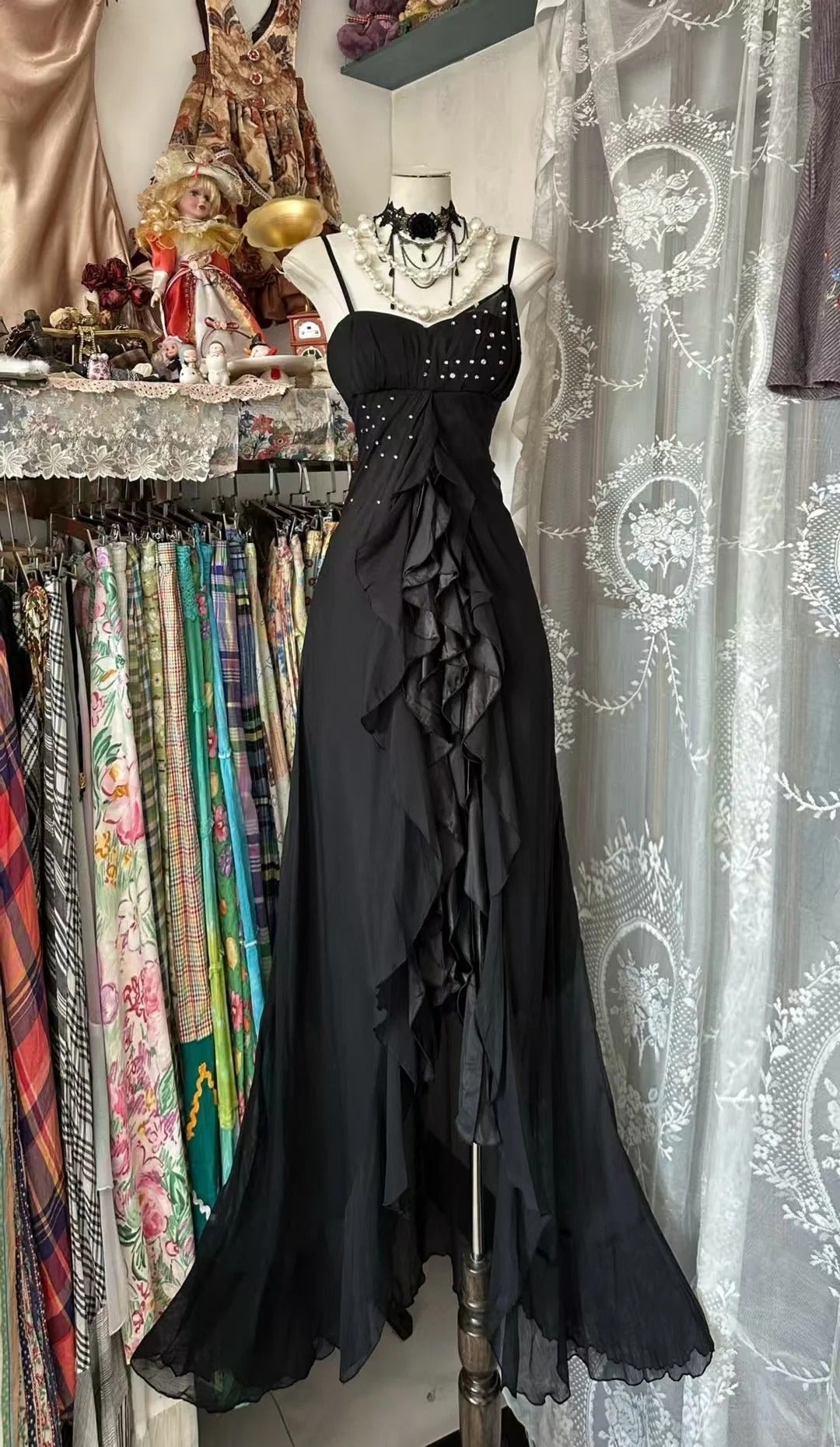 Robe de bal vintage sirène à fines bretelles en mousseline noire, longue, inspiration robe de soirée N1988
