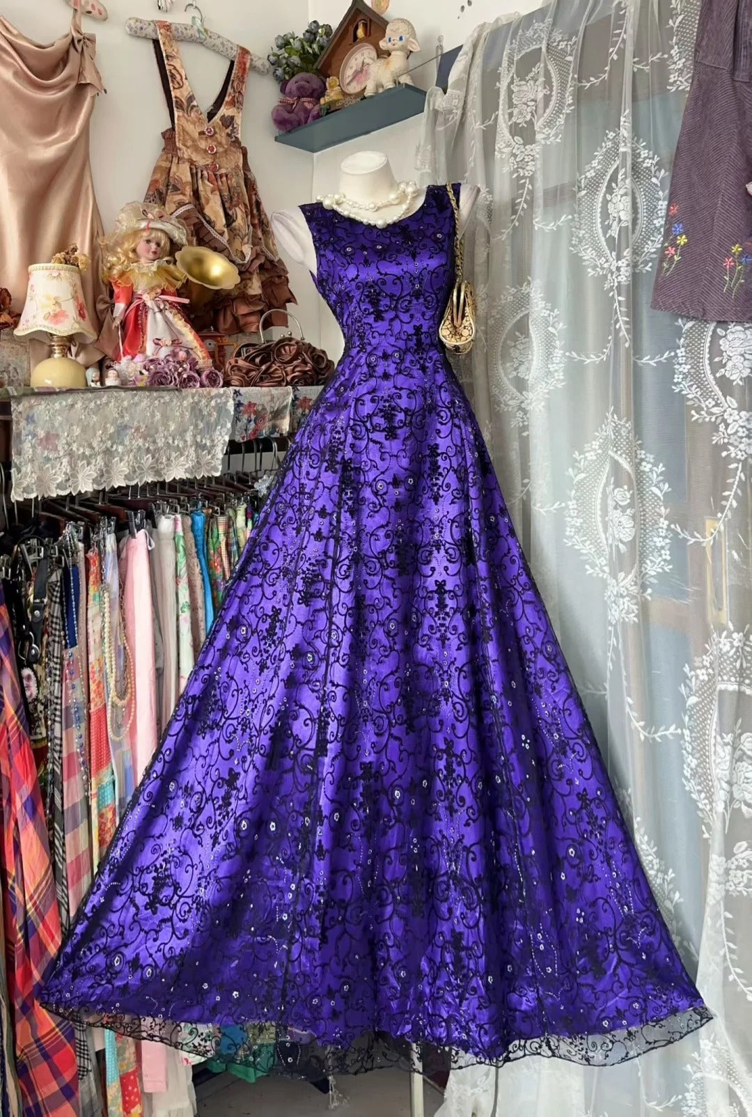 Vintage Prom Dresses Mermaid Scoop Black Lace Purple 2000s Long Party Evening Formal Gown RC1128