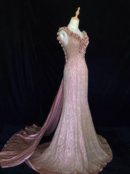 Robes de bal vintage, inspiration sirène, décolleté en V, dentelle rose années 90 avec volants, robes de soirée formelles N3316