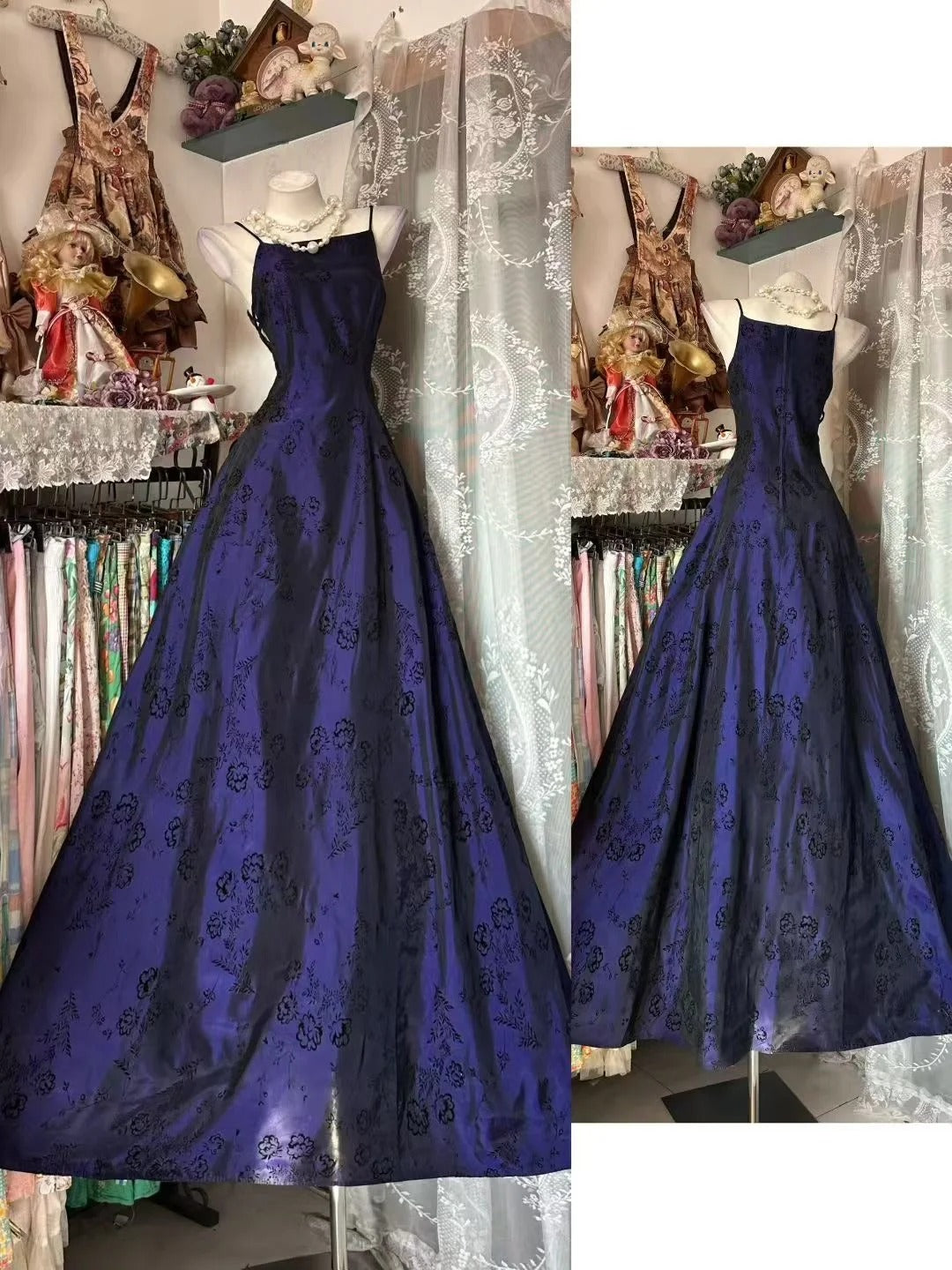 Vintage Prom Dresses Aesthetic Ball Gown Spaghetti Straps Navy Blue Long Inspo Formal Party Gowns N1961