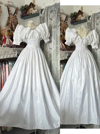 Vintage Prom Dresses A Line Off Shoulder White Short Sleeves Satin 2000s Long Party Evening Formal Gown RC1120
