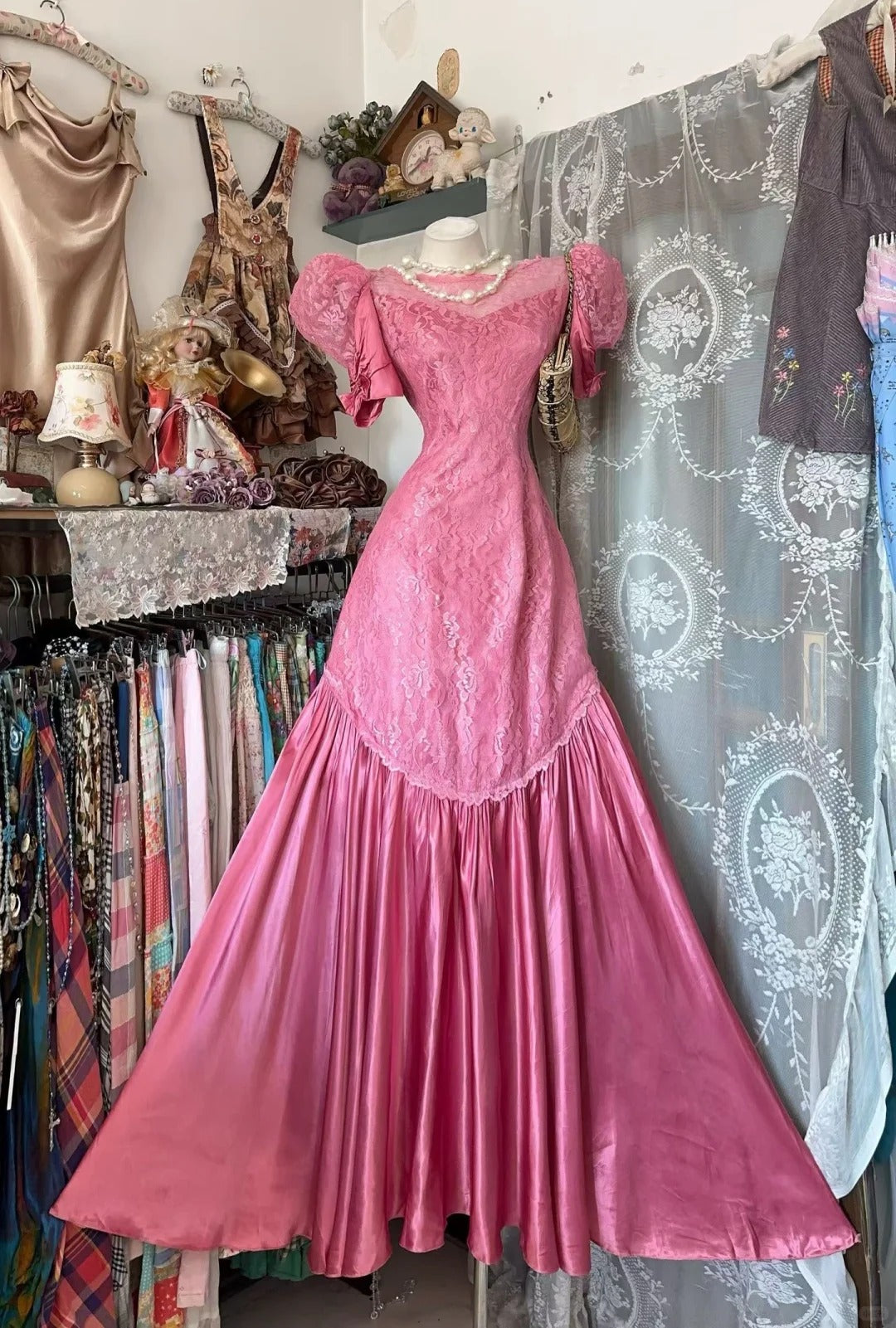 Prom Dress Mermaid Scoop Pink Lace Short Sleeves Floor Length High School Graduation Party Dresses RC1121