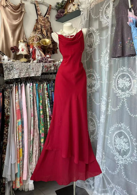 Vintage Mermaid Spaghetti Straps 80s Burgundy Chiffon Sleeveless Party Gowns Prom Dresses N1958