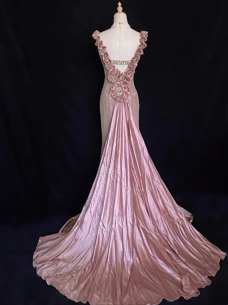 Robes de bal vintage, inspiration sirène, décolleté en V, dentelle rose années 90 avec volants, robes de soirée formelles N3316