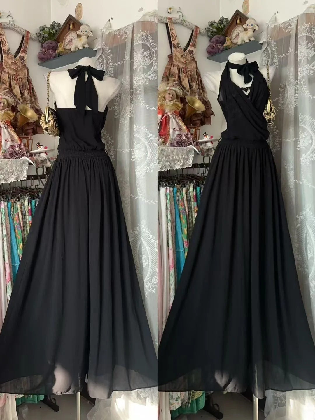 Vintage Prom Dresses Aesthetic A Line Halter Black Chiffon Long Inspo Formal Party Gowns N1962